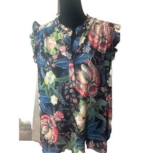 Woman’s Ruffle Short Sleeve Philosophy Floral Top. Tropical Silky Flowy SZ XL